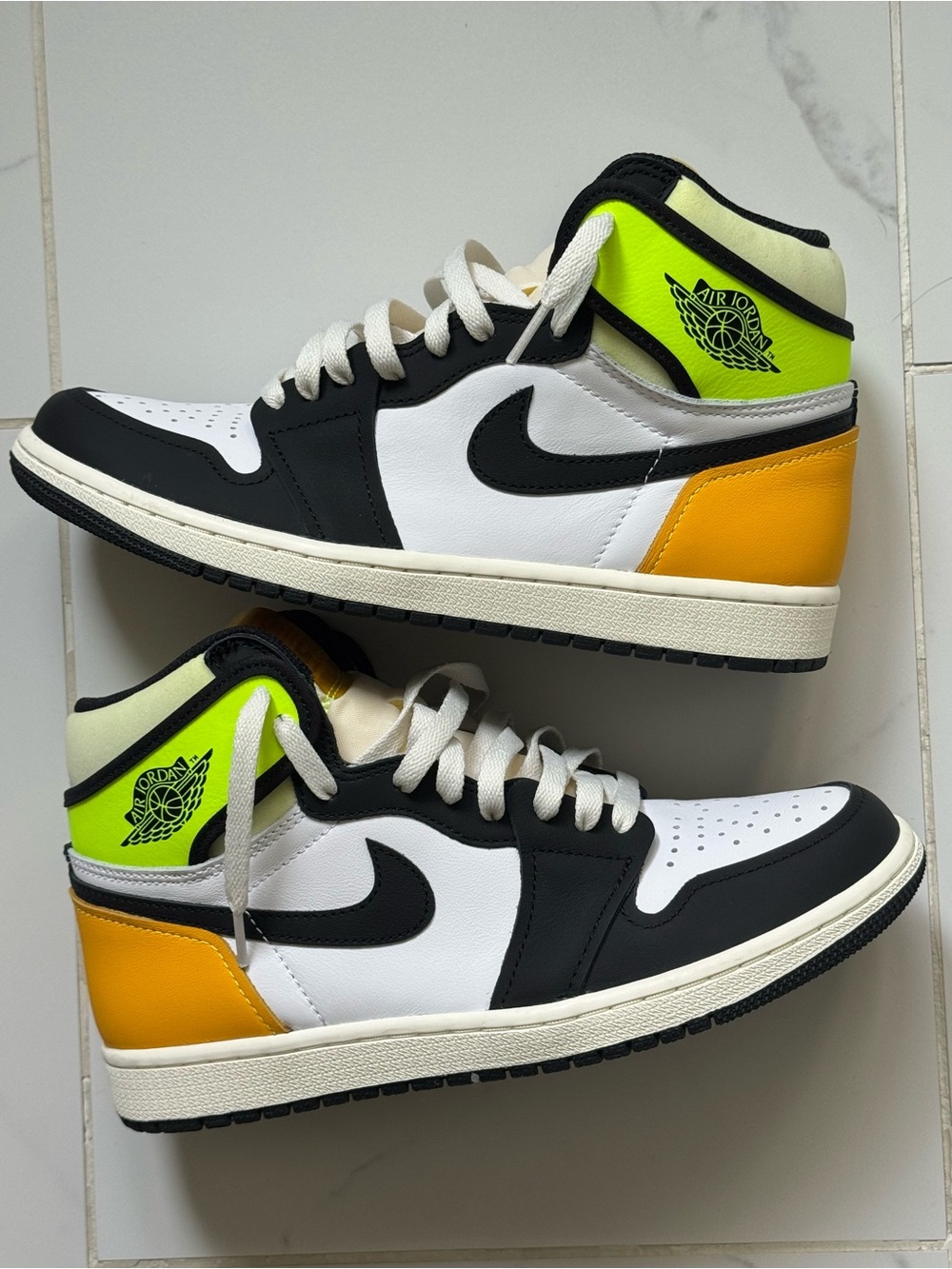 Jordan 1 High Top Sneakers in White Black Neon Yellow and Yellow